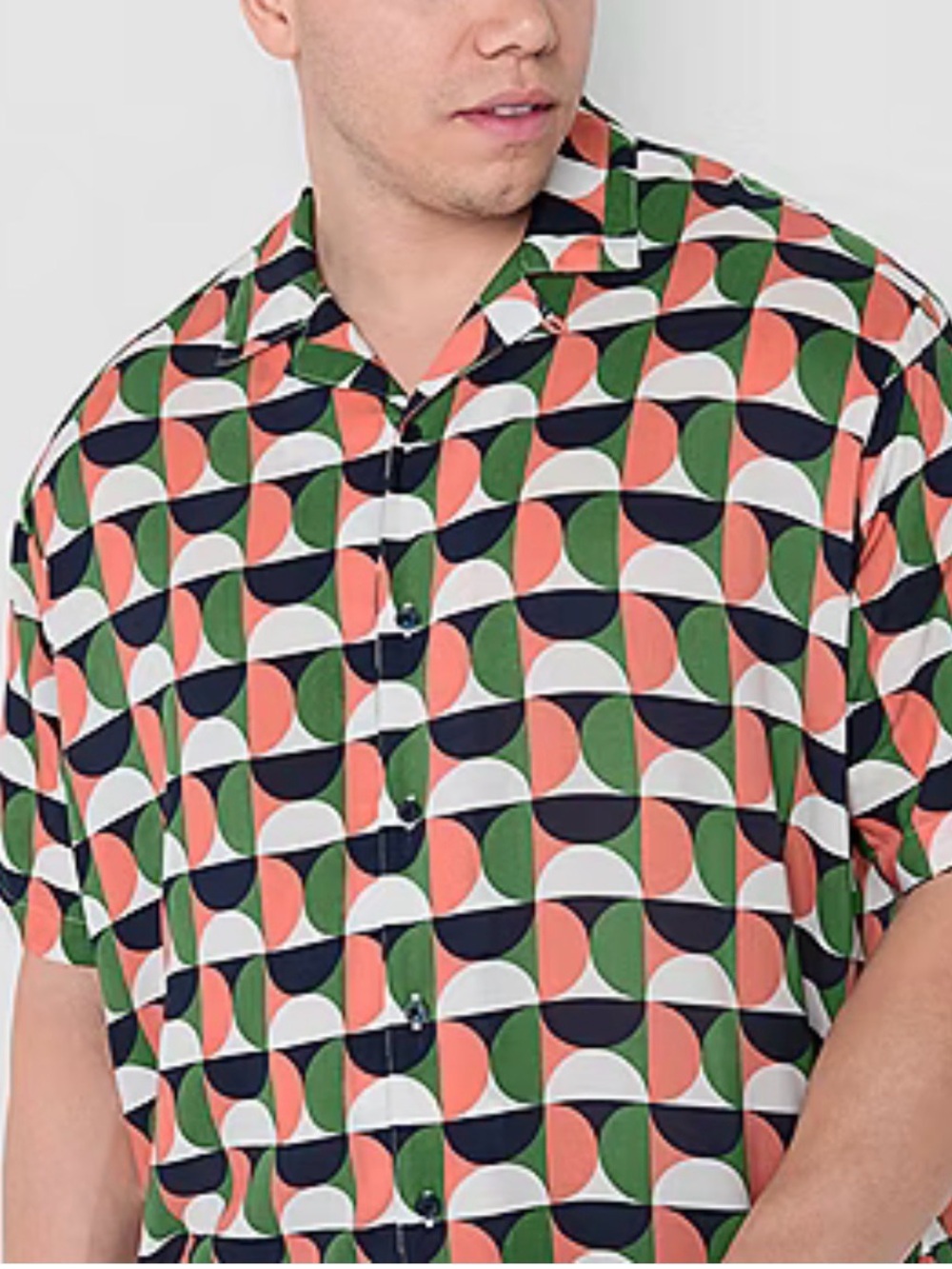 NWT Shaquille O’Neal Short-Sleeve Geo Print Button-Up Shirt - Green/Coral/Navy - Picture 6 of 13